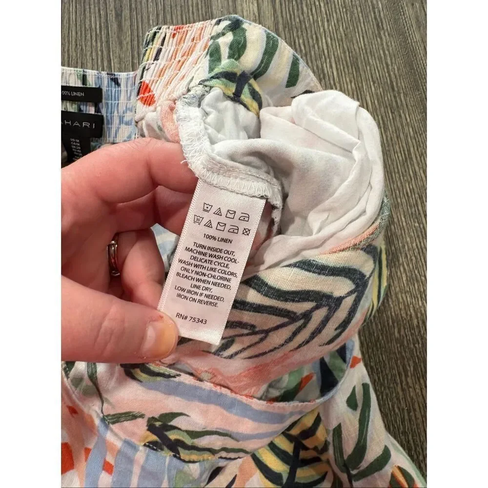 Tahari Womens Linen Pants Wide Leg Tropical Leaf Print Multicolor Plus Size 1X